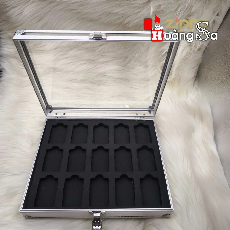 Hộp Nhôm Chứa 15 Bật Lửa Zippo, Mặt Mica Trong Suốt - Kích Thước 23 x 28 cm