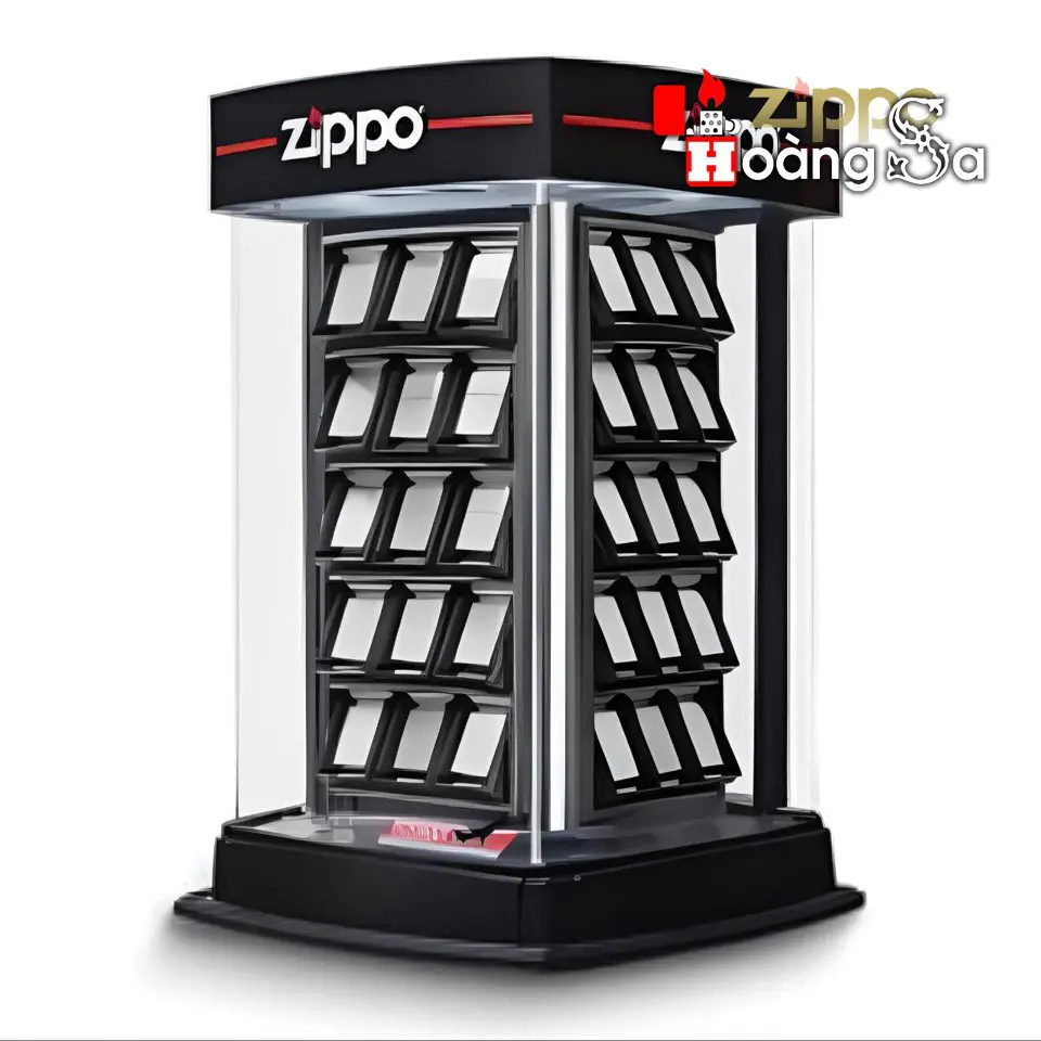 Tủ trưng bày Zippo chính hãng 60 cây, xoay tự động, có đèn LED