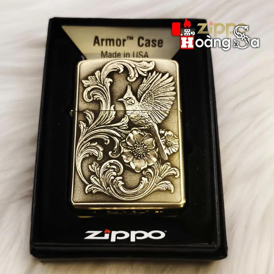 Bật lửa Zippo Armor Brass chủ đề Chim Chào Mào và Hoa Văn Cổ Điển chính hãng - Ảnh 2