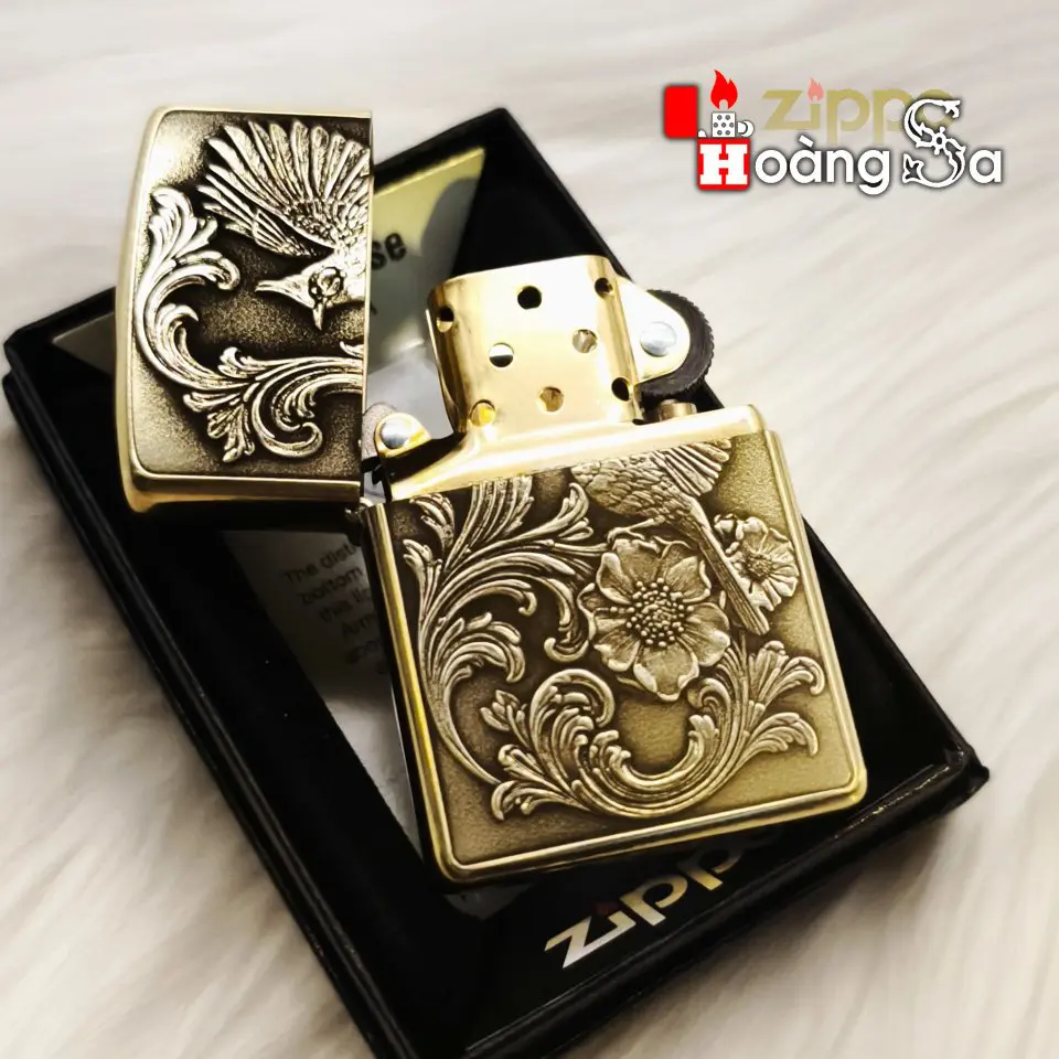 Bật lửa Zippo Armor Brass chủ đề Chim Chào Mào và Hoa Văn Cổ Điển chính hãng - Ảnh 3