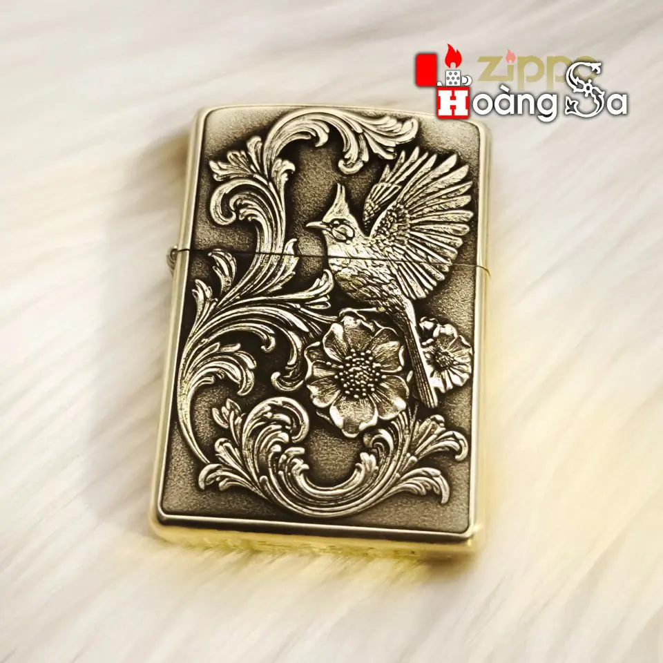 Bật lửa Zippo Armor Brass chủ đề Chim Chào Mào và Hoa Văn Cổ Điển chính hãng