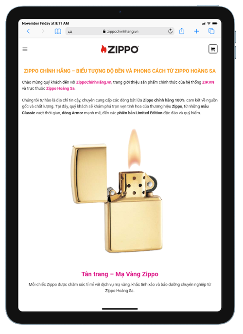 Màn hình trang Zippochinhhang.vn – Hệ thống Zippo Hoàng Sa